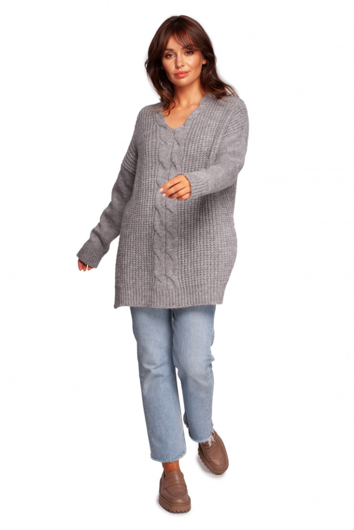 Długi sweter damski z dekoltem V rozcięcia po bokach szary